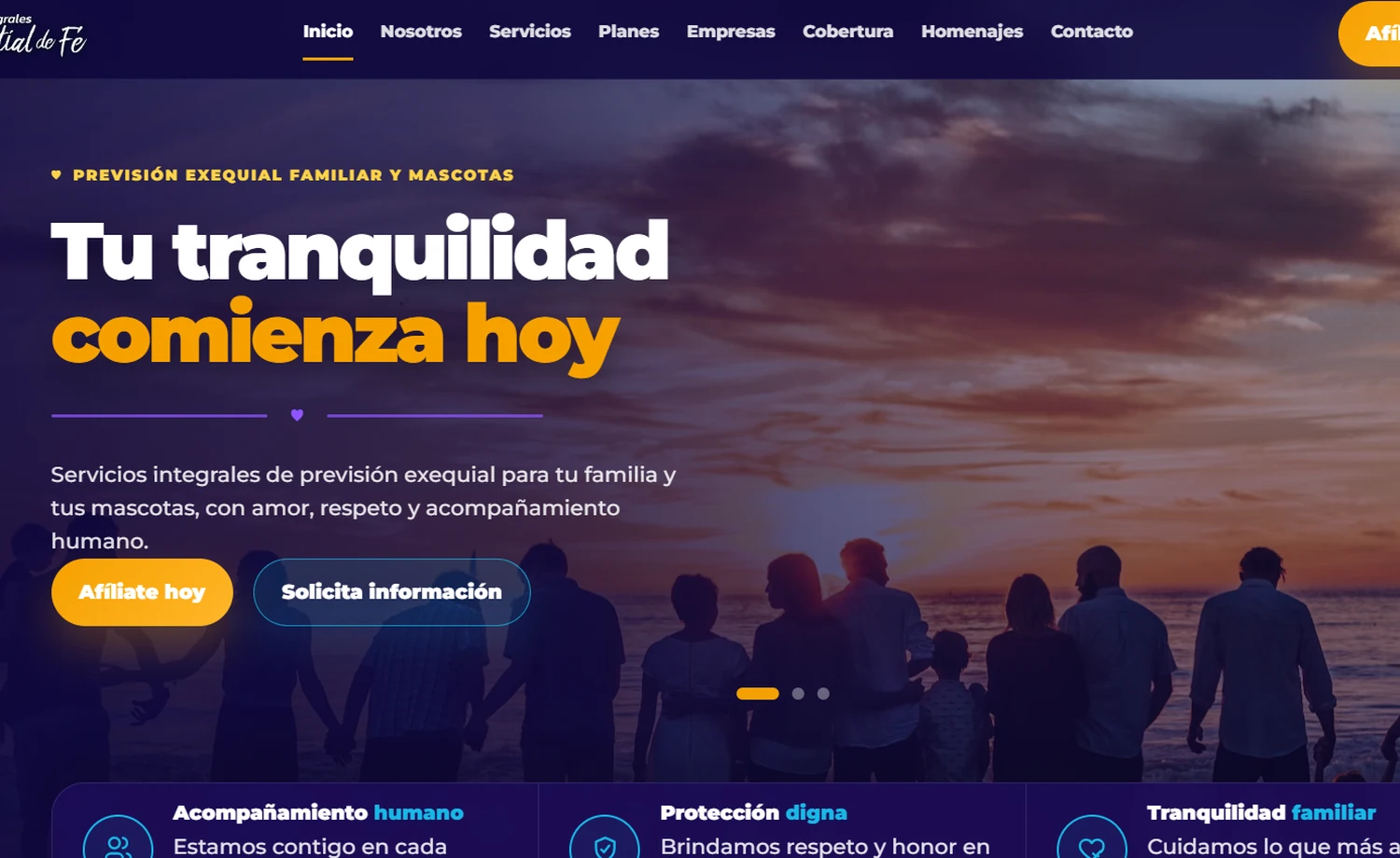 Vista de la página principal de Servicios Integrales Manantial de Fe
