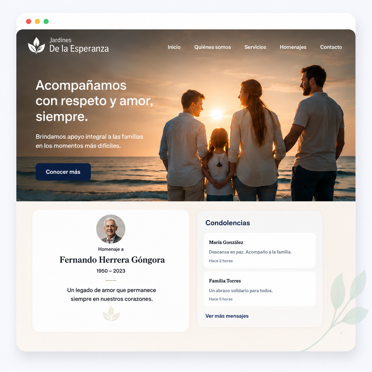 Ejemplo de sitio funerario con homenaje digital y condolencias moderadas
