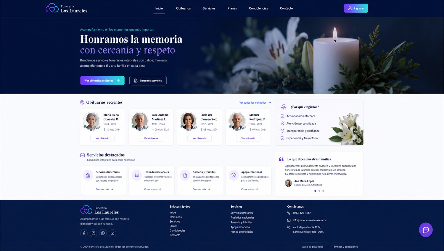 Vista de un sitio web funerario público de ejemplo